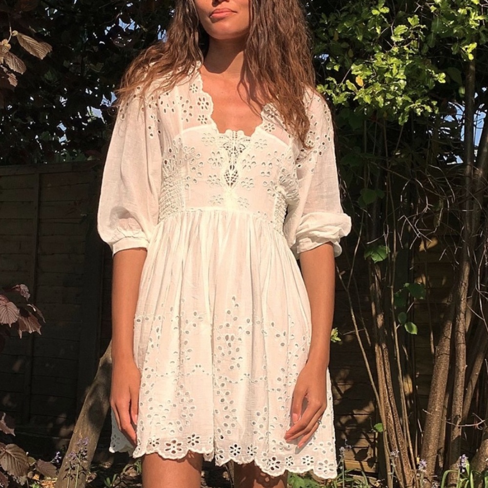 Lottie Scalloped Lace Eyelet V Neck Mini Dress